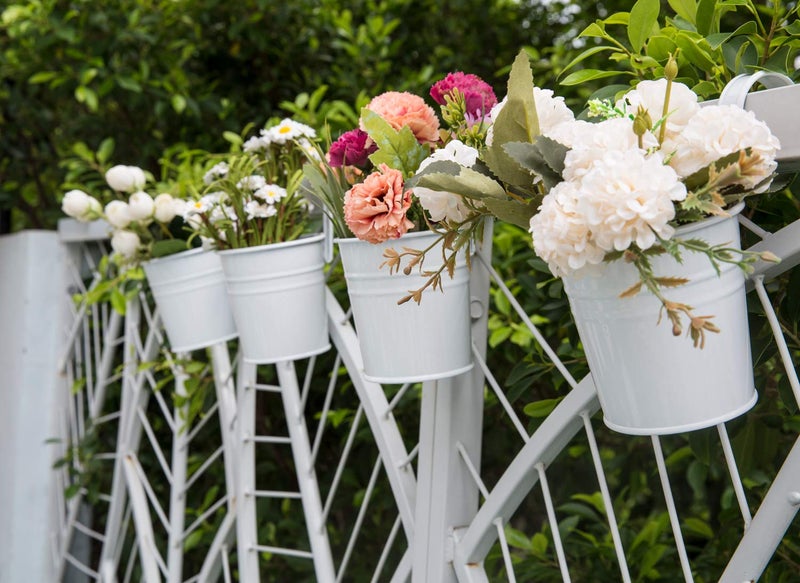 Dahey 10 Pcs Hanging Flower Pots Metal Iron Bucket Planter for Railing Fence Balcony Garden Home Decoration Flower Holders with Detachable Hooks, White, 4 Inches - Image 4